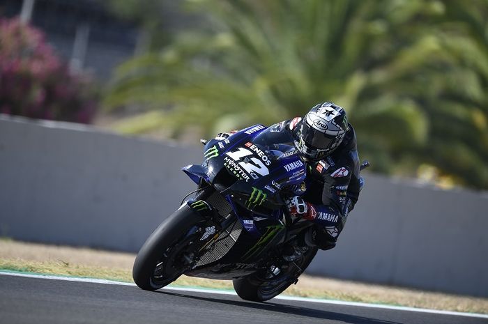 Pembalap Monster Energy Yamaha, Maverick Vinales, ketika tampil pada sesi latihan bebas MotoGP Andalusia di Sirkuit Jerez, Spanyol, 24 Juli 2020.