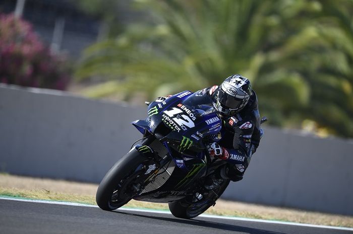 Pembalap Monster Energy Yamaha, Maverick Vinales, ketika tampil pada sesi latihan bebas MotoGP Andalusia di Sirkuit Jerez, Spanyol, 24 Juli 2020.