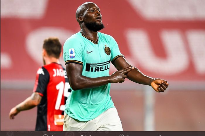 Selebrasi Romelu Lukaku usai menjebol gawang Genoa untuk kedua kalinya pada laga pekan ke-36 Liga Italia di Stadion Luigi Ferraris.