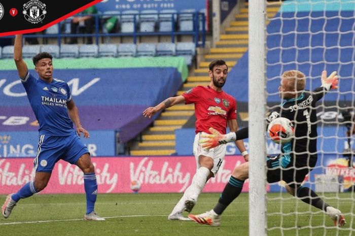 Momen terciptanya gol Bruno Fernandes ke gawang Leicester City pada laga pekan ke-38 Liga Inggris, tetapi gol tersebut dianulir wasit karena sang pemain terperangkap offside.
