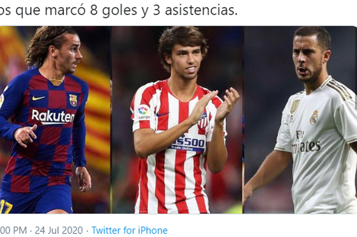 Tiga pemain termahal Liga Spanyol, Antoine Griezmann (kiri), Joao Felix dan Eden Hazard.