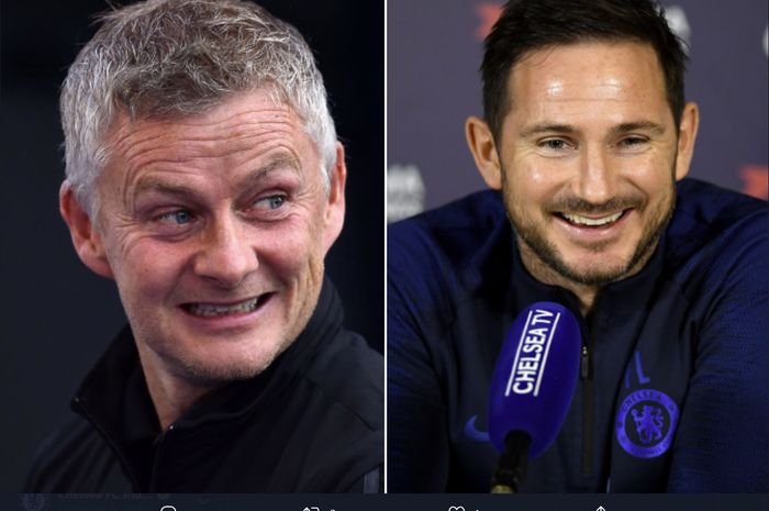 Illustrasi  dua pelatih dari dua klub besar Liga Inggris dari Manchester United dengan Ole Gunnar Solskjaer, sementara dari Chelsea dipimpin oleh Frank Lampard.