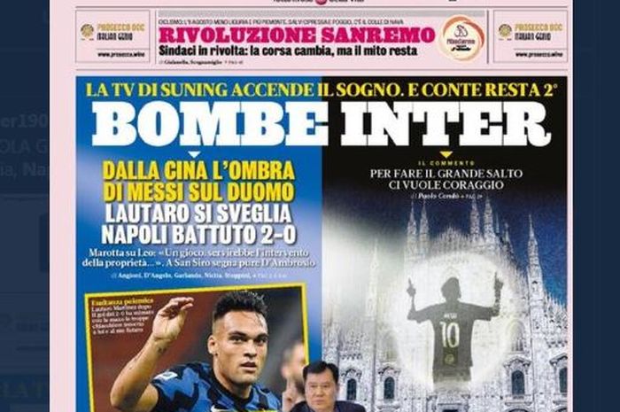 Halaman muka La Gazzetta dello Sport yang memuat gambar siluet Lionel Messi di Katedral Duomo di Milano edisi terbaru.