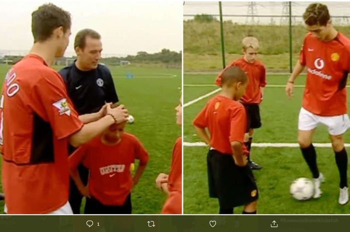 Saat menjadi bintang baru Manchester United, Cristiano Ronaldo unjuk kebolehan di depan Jesse Lingard, yang masih kanak-kanak.