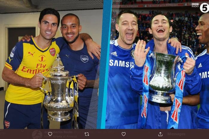 Mikel Arteta dan Frank Lampard dengan trofi juara Piala FA saat bermain membela Arsenal dan Chelsea.