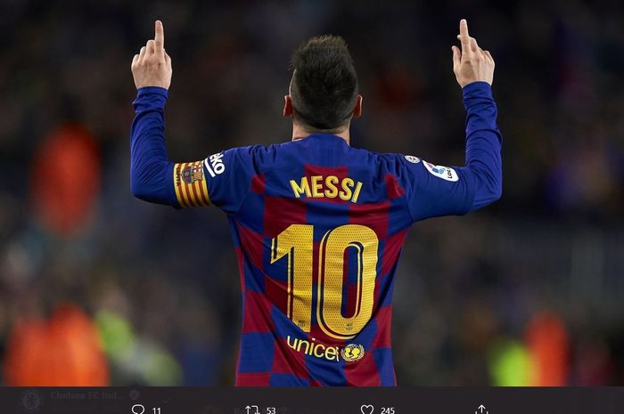 Momen megabintang Barcelona, Lionel Messi, melakukan selebrasi usai mencetak gol ke gawang lawan.