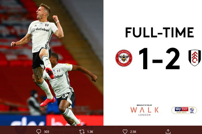 Fulham promosi ke Premier League 2020-2021 setelah mengalahkan Brentford 2-1 di laga final play-off Divisi Championship, Selasa (4/8/2020) di Wembley, London.