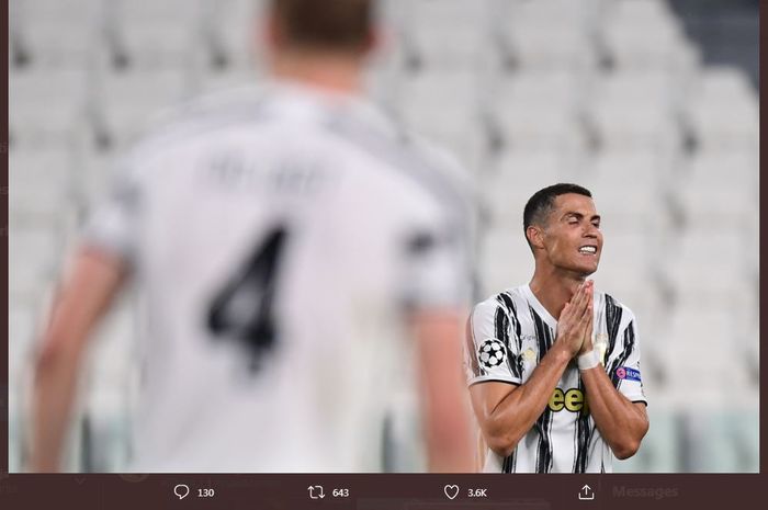 Ekspresi Cristiano Ronaldo dalam pertandingan Juventus vs Lyon pada babak 16 besar Liga Champions, 7 Agustus 2020.