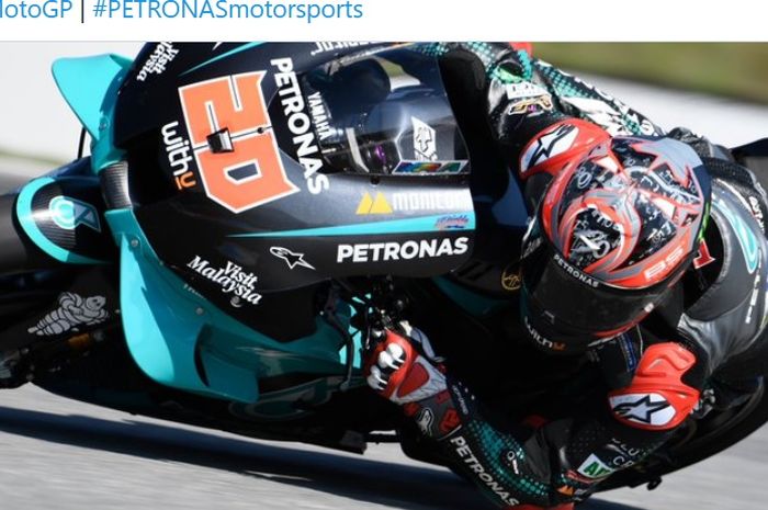 Pembalap Petronas Yamaha SRT, Fabio Quartararo, saat tampil pada sesi latihan bebas MotoGP Republik Ceska di Sirkuit Brno, Republik Ceska, 7 Agustus 2020.