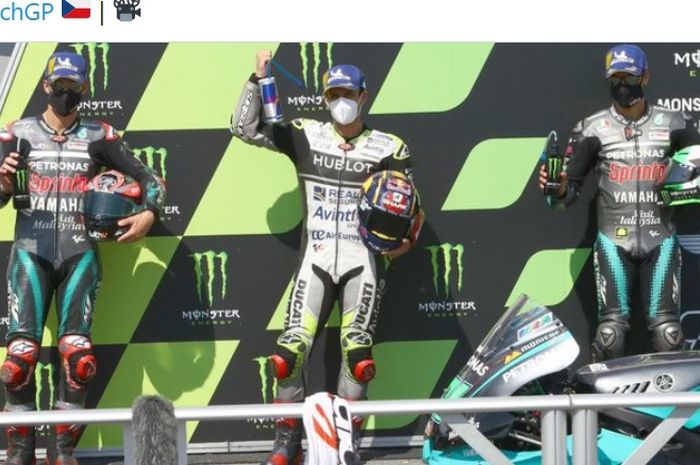 Tiga pembalap teratas pada kualifikasi MotoGP Republik Ceska di Sirkuit Brno, Sabtu (8/8/2020). Dari kiri: Fabio Quartararo, Johann Zarco, dan Franco Morbidelli.