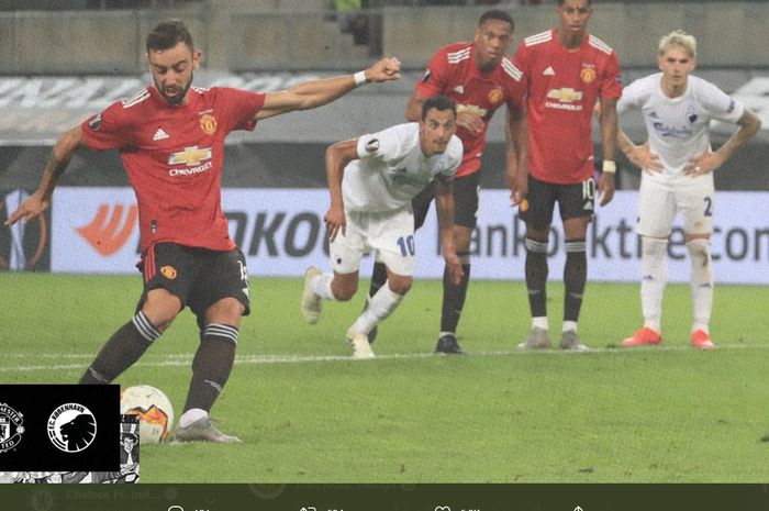 Sepakan penalti Bruno Fernandes memastikan kemenangan 1-0 Manchester United atas Kobenhavn pada babak perempat final Liga Europa, Senin (10/8/2020) atau  Selasa dini hari WIB.