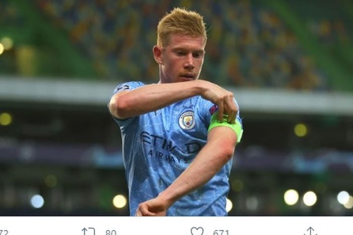 Pilar andalan Manchester City, Kevin De Bruyne, dalam laga perempat final Liga Champions melawan Olympique Lyon pada Sabtu (16/8/2020) dini hari WIB. 