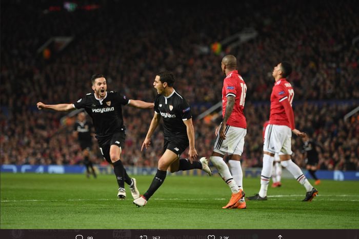 Momen Sevilla sukses meraih kemenangan 2-1 atas Manchester United di Old Trafford pada gelaran babak 16 besar Liga Champions 2017-2018.