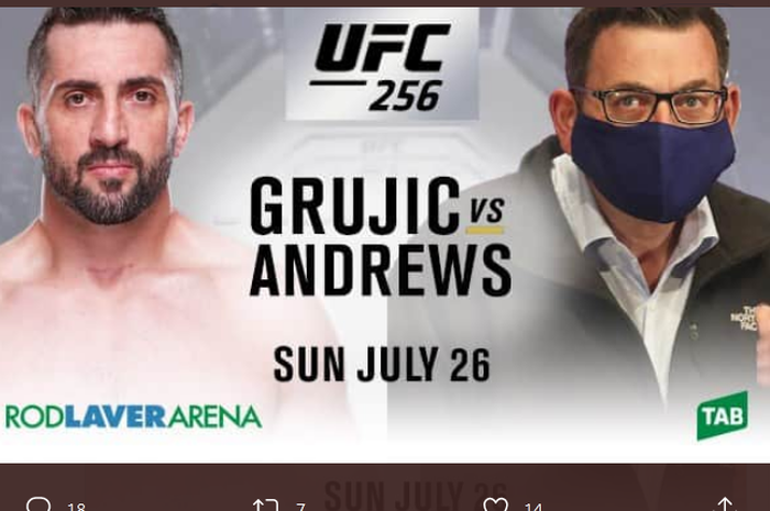 Poster duel yang dibuat oleh petarung UFC, Vik Grujic yang menantang Perdana Menteri Victoria, Daniel Andrews.