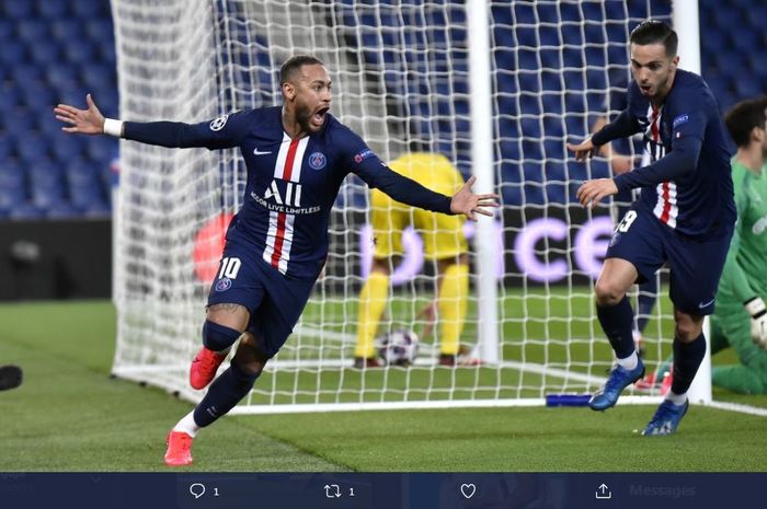 Neymar merayakan gol dalam duel Liga Champions antara Paris Saint-Germain vs Borussia Dortmund, 11 Maret 2020.