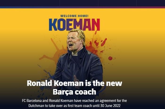 Tampilan di situs resmi Barcelona menyambut Ronald Koeman.