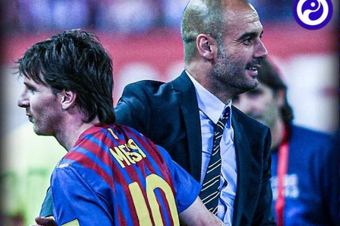 Lionel Messi dan Pep Guardiola sama-sama tersenyum saat membela Barcelona.