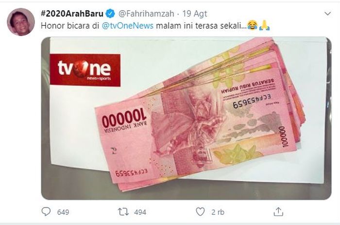 
Fahri Hamzah memamerkan besar honor yang dia terima dari jadi pembicara di ILC.