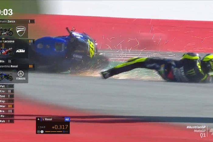 Valentino Rossi crash di detik-detik terakhir Q1 dalam kualifikasi MotoGP Styria 2020 Sabtu (22/8/2020).
