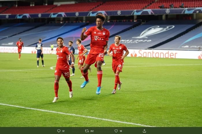 Pemain Bayern Muenchen, Kingsley Coman, melakukan selebrasi seusai menjebol gawang PSG dalam final Liga Champions, Minggu (23/8/2020).