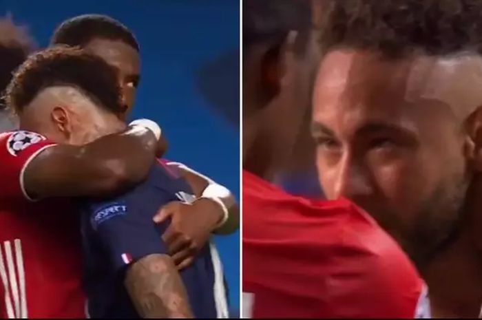 Pemain Bayern Muenchen, David Alaba, memeluk pemain Paris Saint-Germain (PSG), Neymar, yang menangis setelah timnya kalah di final Liga Champions 2019/2020.