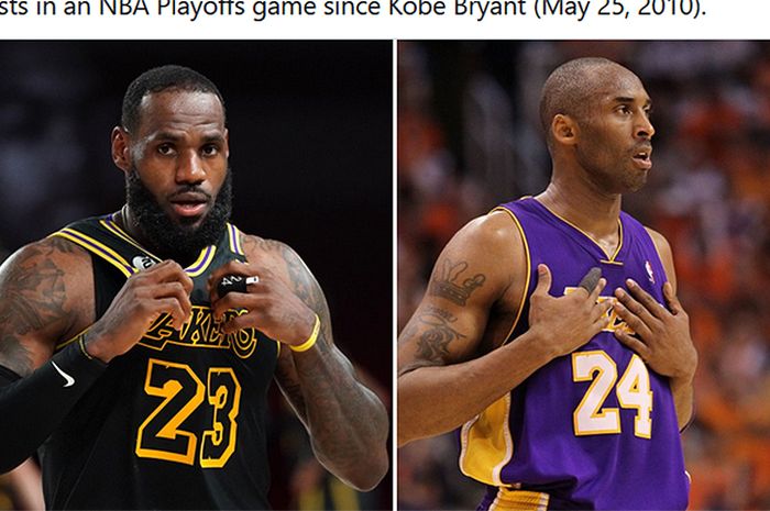 LeBron James (kiri) menjadi pemain LA Lakers pertama dengan 30+ poin dan 10+ assist pada babak playoffs NBA sejak Kobe Bryant pada Mei 2010. Torehan LeBron James itu terjadi pada partai keempat babak kesatu Playoffs NBA 2020 melawan Portland Trail Blazers.