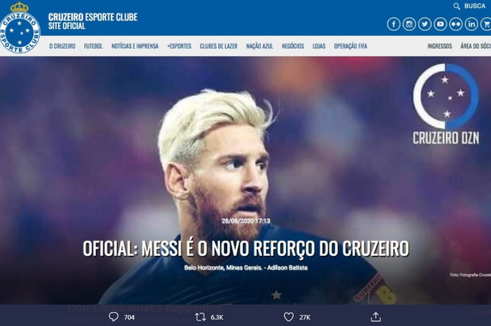 Unggahan di laman resmi Cruzeiro yang diretas oleh hacker dan diklaim telah mendatangkan Lionel Messi.