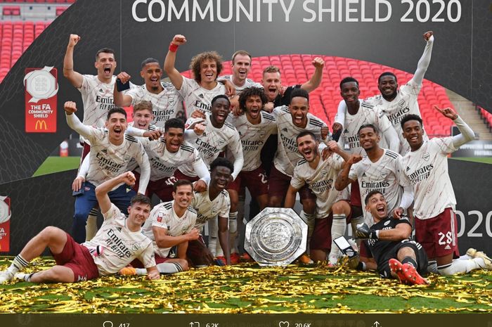 Arsenal sukses menjadi juara Community Shield usai menaklukkan Liverpool lewat babak adu penalti berkat kemenangan agregat 5-4 di Stadion Wembley, Sabtu (29/8/2020).