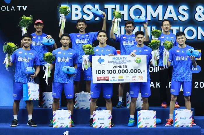 Tim Rajawali berpose sebagai juara pada Simulasi Piala Thomas 2020 di pelatnas Cipayung, Jakarta, Kamis (3/9/2020).