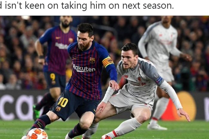 Megabintang Barcelona, Lionel Messi, dikawal oleh bek Liverpool, Andrew Robertson. 