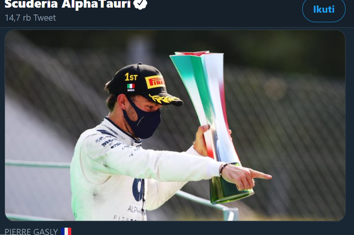 Pembalap Alpha Tauri, Pierre Gasly, saat merayakan kemenangan pada F1 GP Italia 2020, Minggu (6/9/2020).