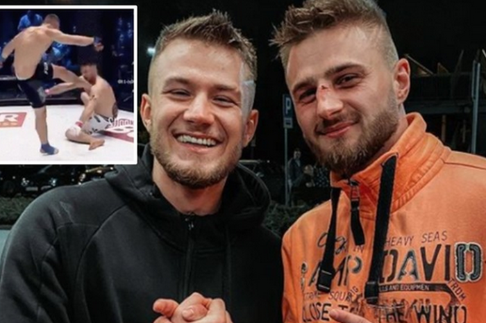 Dua petarung MMA yang terlibat aksi tendangan ilegal, Adrian Polanksi (kiri) dan Amadeusz Roslik (kanan).