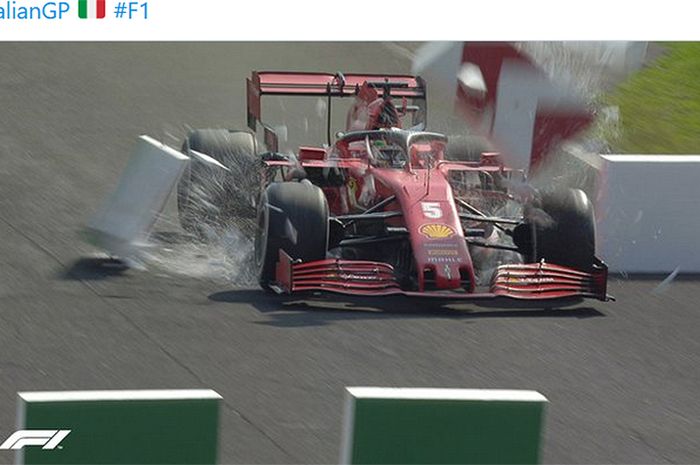 Pembalap Ferrari, Sebastian Vettel, mengalami masalah rem di Tikungan 1 pada balapan Formula 1 GP Italia di Sirkuit Monza, Italia, 6 September 2020.