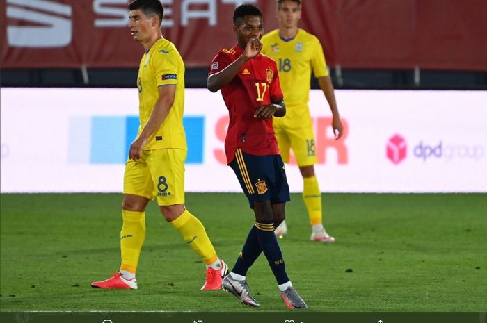 Wonderkid timnas Spanyol, Ansu Fati, turut menyumbang satu gol dalam kemenangan telak 4-1 atas Ukraina pada laga UEFA Nations League, Minggu (6/9/2020).