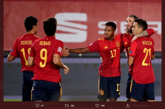 Ansu Fati merayakan gol untuk timnas Spanyol ke gawang Ukraina pada laga UEFA Nations League di Stadion Alfredo Di Stefano, Madrid, 6 September 2020.