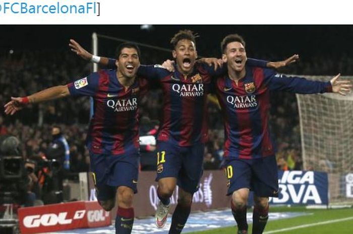Luis Suarez, Neymar, dan Lionel Messi melakukan selebrasi saat sama-sama berseragam Barcelona.