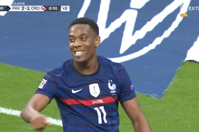 Anthony Martial usai mencetak gol ke gawang Kroasia dalam ajang UEFA Nations League 2020.