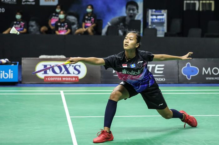 Pemain Tunggal Putri Indonesia, Putri Kusuma Wardani, saat bertanding melawan Fitriani di Simulasi Piala Uber 2020, di Hall Pelatnas PBSI, Cipayung, Jakarta Timur, Jum'at (11/9/2020).