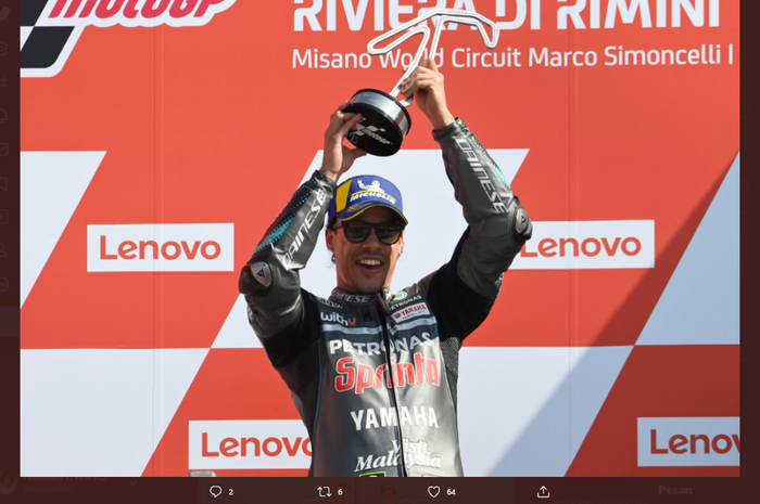 Pembalap Petronas Yamaha SRT, Franco Morbidelli merayakan juara pada MotoGP San Marino 2020 di Sirkuit Misano, Minggu (13/9/2020).