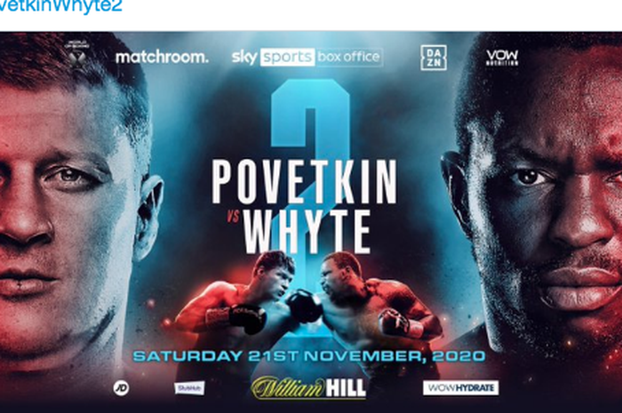 Poster laga rematch Alexander Povetkin (kiri) vs Dillian Whyte (kanan) untuk memperebutkan gelar juara interim kelas berat WBC. Pertandingan telah ditunda karena Povetkin terjangkit Covid-19 