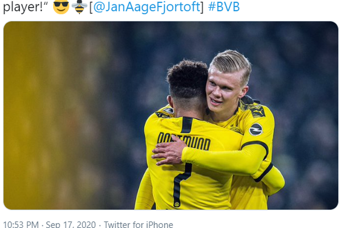 Dua pemain Borussia Dortmund, Erling Haaland dan Jadon Sancho.