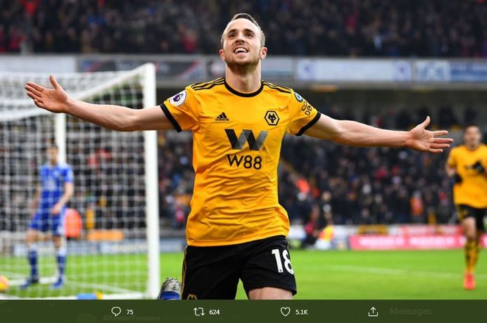 Diogo Jota saat merayakan golnya untuk Wolverhampton Wanderers.