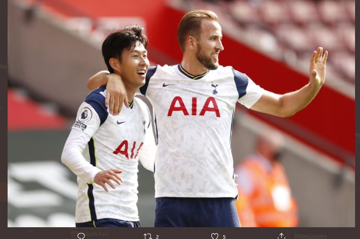 Son Heung-min dan Harry Kane, merayakan gol Tottenham Hotspur.