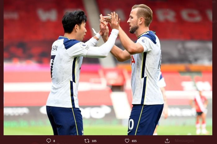 Son Heung-min dan Harry Kane, protagonis kemenangan telak Tottenham Hotspur atas Southampton di pekan kedua Liga Inggris 2020-2021.