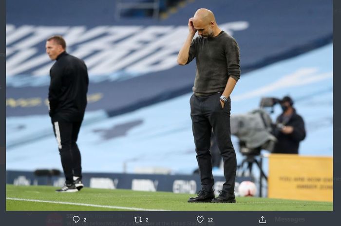 Reaksi pelatih Manchester City, Pep Guardiola, dalam duel Liga Inggris kontra Leicester City di Etihad Stadium, 27 September 2020.