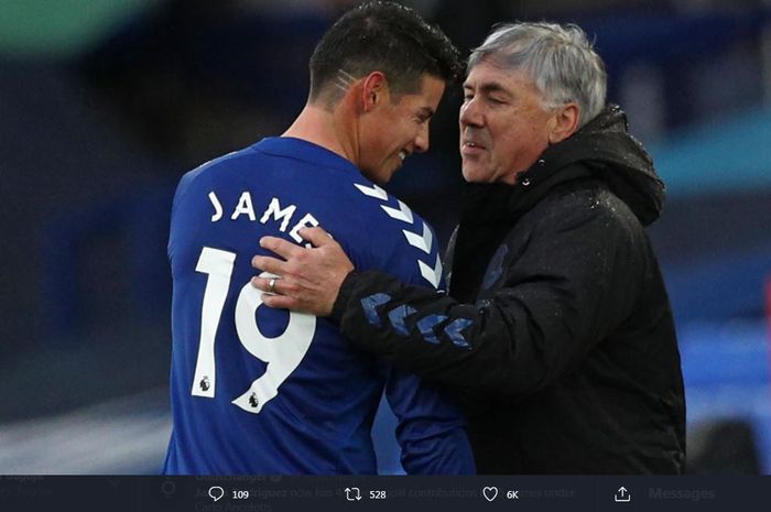 James Rodriguez dan Carlo Ancelotti, kunci kebangkitan Everton di awal musim ini.