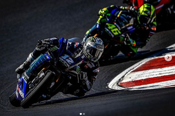 Pembalap Yamaha Maverick Vinales (depan) siap melahap trek balapan MotoGP Prancis 2020 di Sirkuit Bugatti, Le Mans.