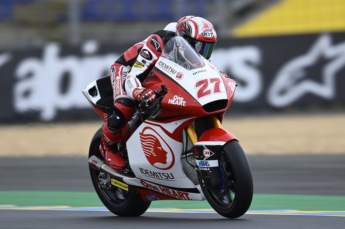 Penampilan pembalap Idemitsu Honda Team Asia, Andi Farid Izdihar, pada hari kedua Moto2 Prancis di Sirkuit Bugatti, Le Mans, Prancis, 10 Oktober 2020.