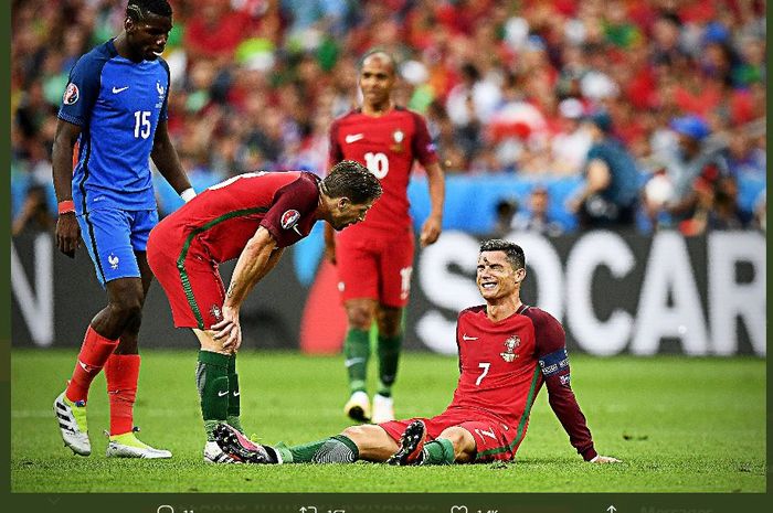 Cristiano Ronaldo mengalami cedera dalam final Euro 2016 antara timnas Prancis vs Portugal.