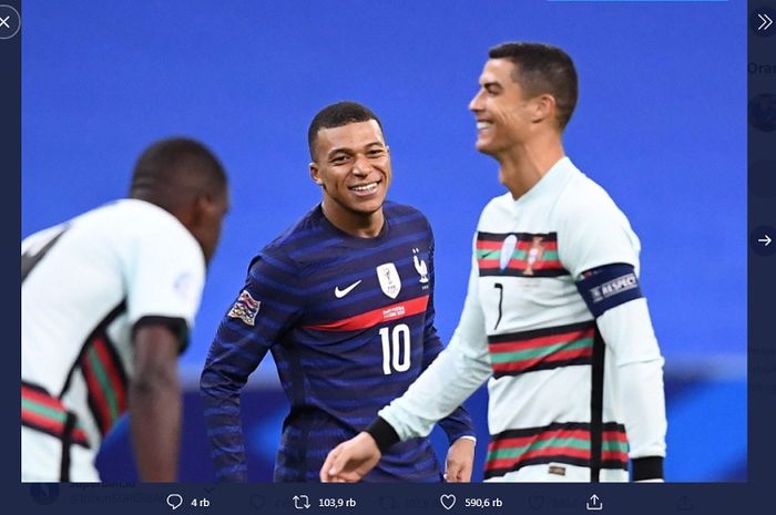 Kylian Mbappe dan Cristiano Ronaldo ketika berhadapan di ajang UEFA Nations League  Senin (12/10/2020) dini hari WIB.